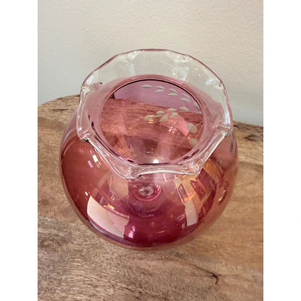 Vintage Cranberry Glass Etched Floral Pedestal Vase Ruffled Rim 7.75 Inch